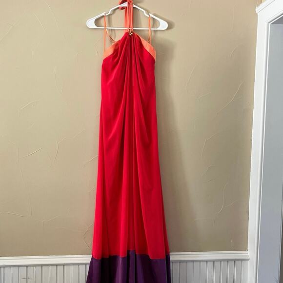 Max and Cleo Red/Orange/Purple Vintage Y2K Halter Maxi Dress: Size 10 - Picture 2 of 5